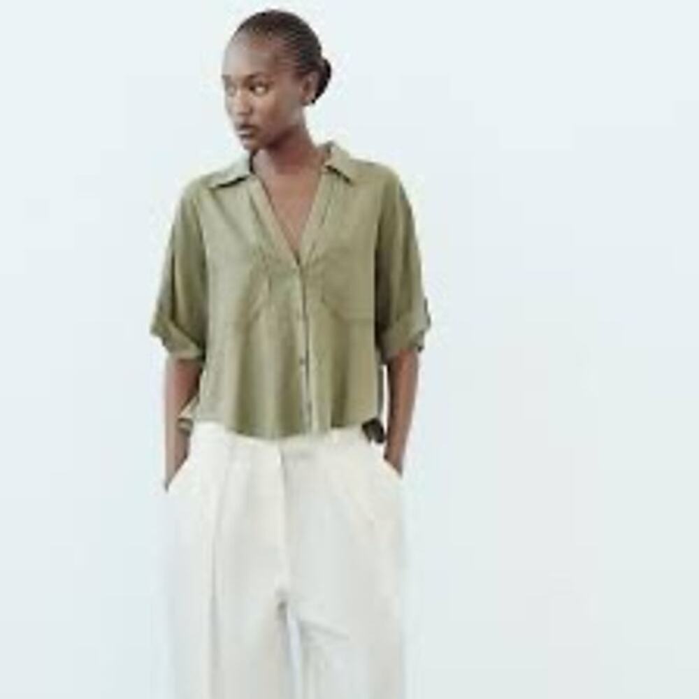 Zara Olive Green Cropped Boxy Oversized Linen Button-up Shirt Top Officecore $50